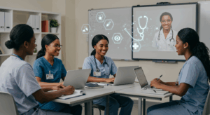 Nursing students attending a virtual class with laptops and digital healthcare icons, representing Best Online Nursing Degree Programs in Nigeria.