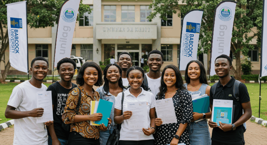 Choose the right Nigerian university by exploring campus options with other students holding admission documents at Babcock University.