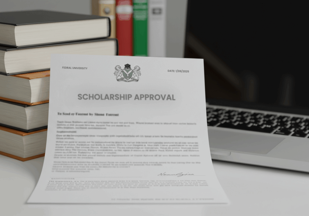 Official approval letter for Federal Government Scholarship Nigeria placed beside books and a laptop.