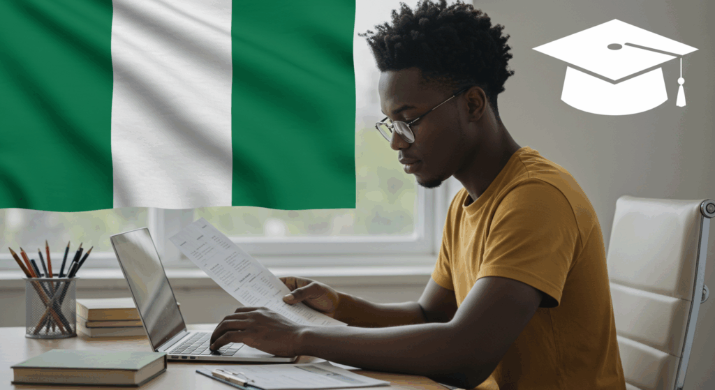 Student applying online for Federal Government Scholarship Nigeria while studying with documents and laptop.