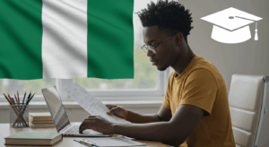 Student applying online for Federal Government Scholarship Nigeria while studying with documents and laptop.
