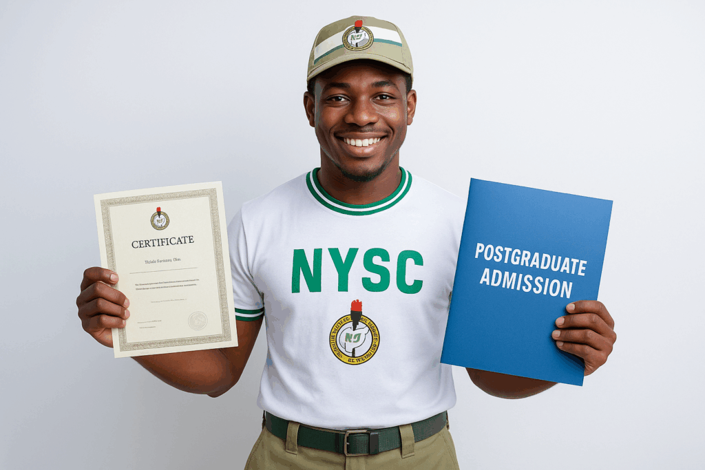 NYSC and Postgraduate Studies in Nigeria shown by a smiling NYSC member holding his NYSC certificate and a postgraduate admission folder.