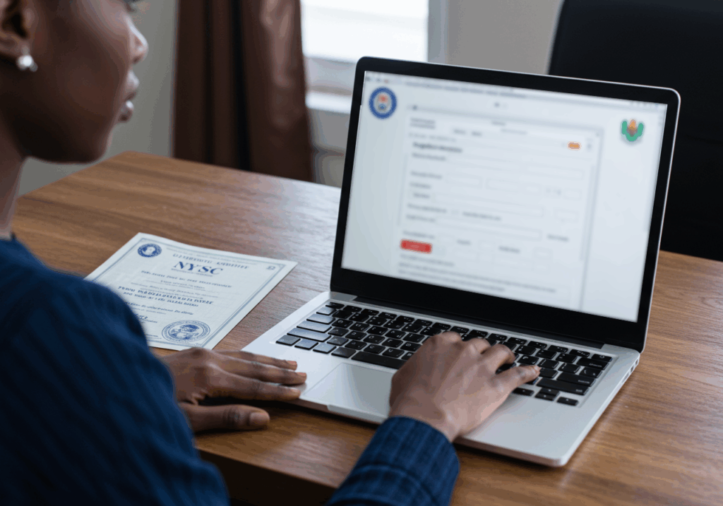 Graduate with NYSC certificate completing Federal Government Scholarship Nigeria registration online.