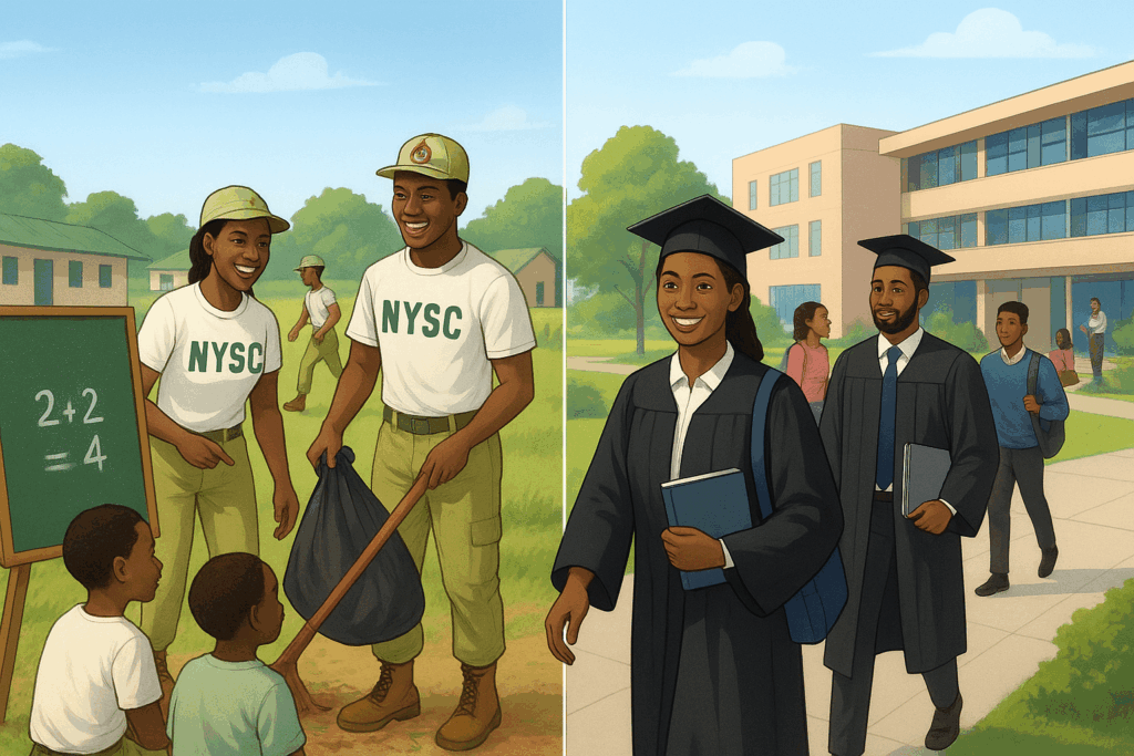 Illustration of NYSC members teaching and serving the community on one side, and graduates in academic gowns on the other, symbolizing NYSC and Postgraduate Studies in Nigeria.