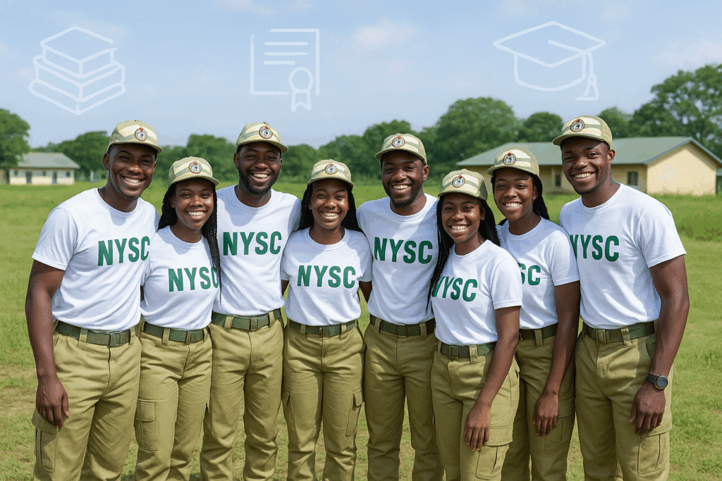 NYSC and Postgraduate Studies in Nigeria represented by a group of NYSC members standing together outdoors after completing their service.