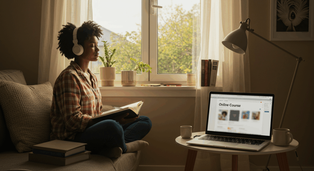 Student practicing mindfulness and balance while studying to support mental health for online learning