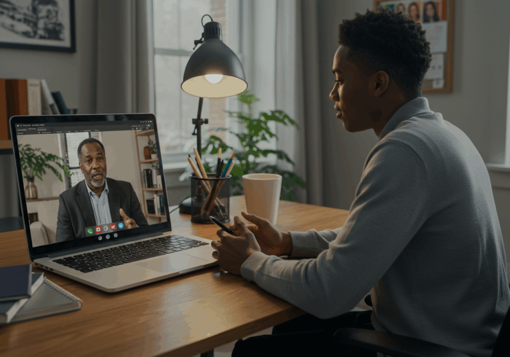 Student receiving virtual counseling to improve mental health for online learning