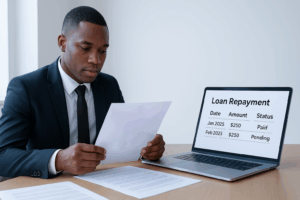 A professional man reviewing loan repayment documents beside a laptop displaying payment details, symbolizing financial planning and Student Loan Forgiveness in Nigeria.