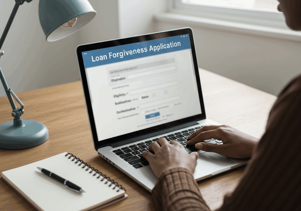 Person typing on a laptop while filling out an online Loan Forgiveness Application form, representing the process of applying for Student Loan Forgiveness in Nigeria.