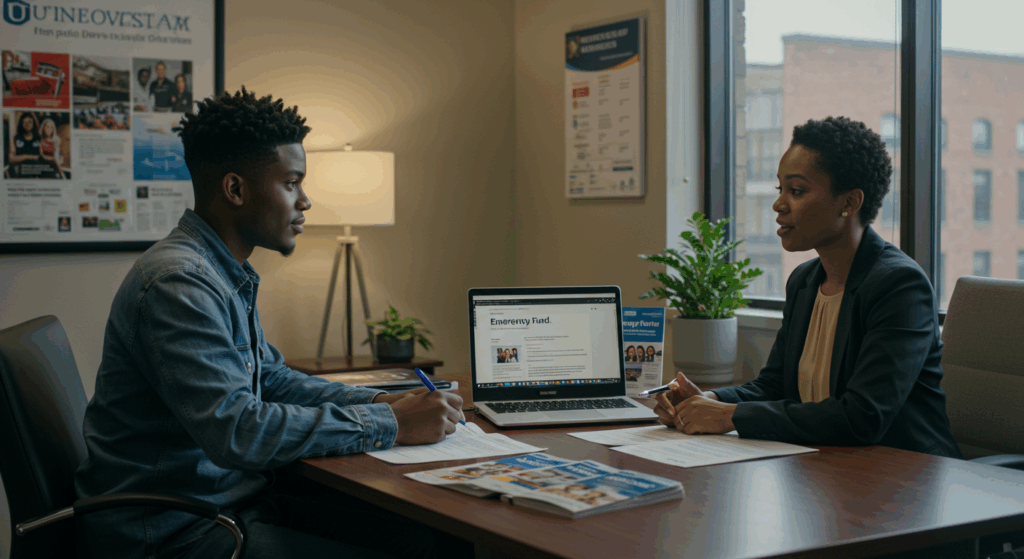 A student meeting with a financial advisor in an office to discuss student emergency funds and financial aid options.