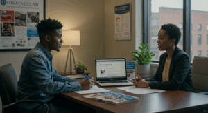 A student meeting with a financial advisor in an office to discuss student emergency funds and financial aid options.