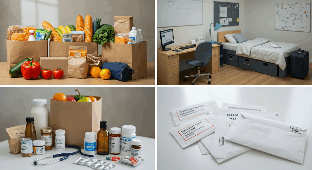 Essential supplies such as food, medicine, and housing shown as examples of how student emergency funds support basic needs.