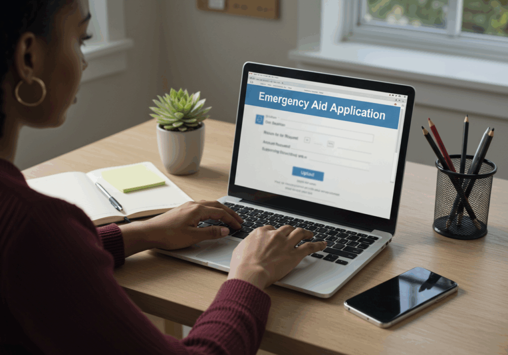 A student applying online for student emergency funds using a laptop to request urgent financial assistance.