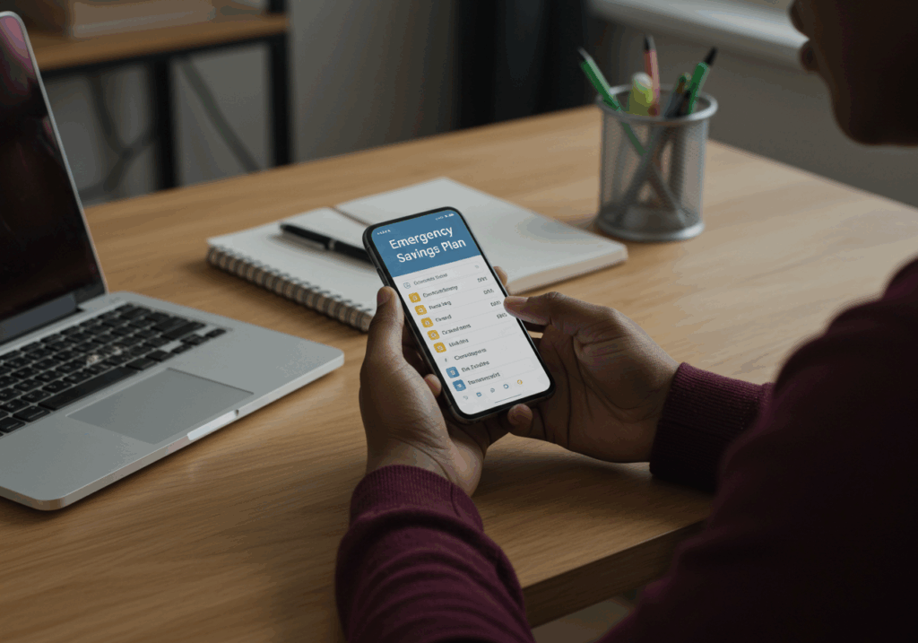 A student managing an emergency savings plan on a smartphone as part of planning for student emergency funds.