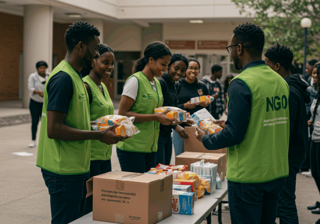 Volunteers distributing food and supplies at a university event organized to raise awareness about student emergency funds.