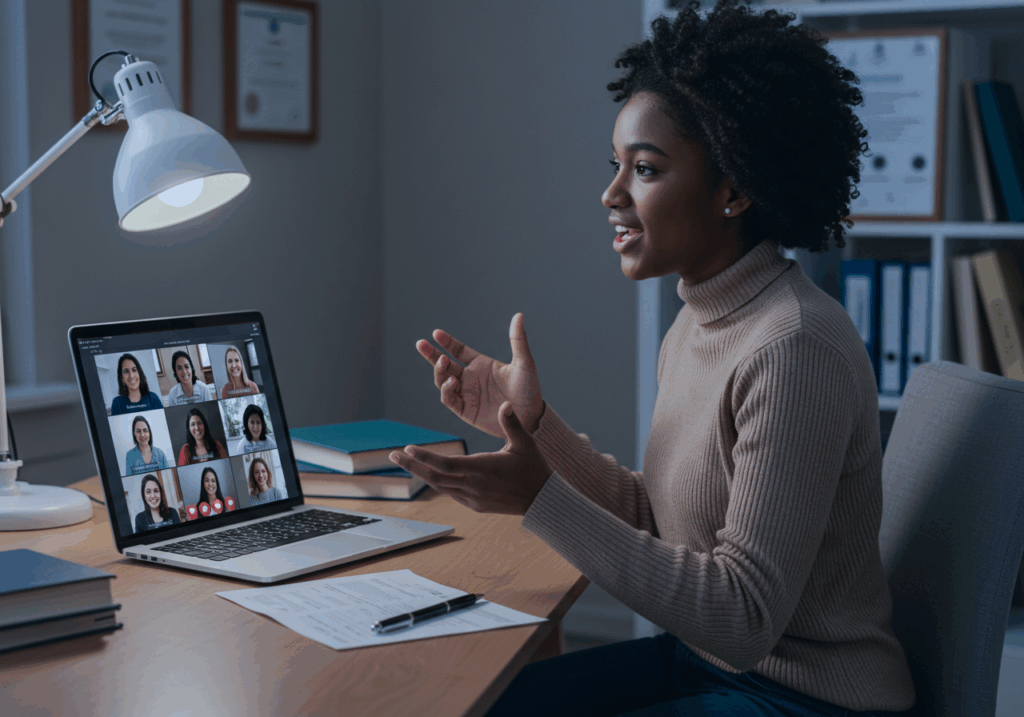 A student presenting her academic portfolio during an online meeting, discussing projects and achievements with classmates through a virtual video call on a laptop.