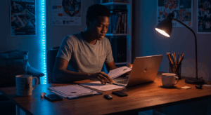 Student reviewing documents and updating his academic portfolio on a laptop at night, preparing project reports and certificates under focused desk lighting.