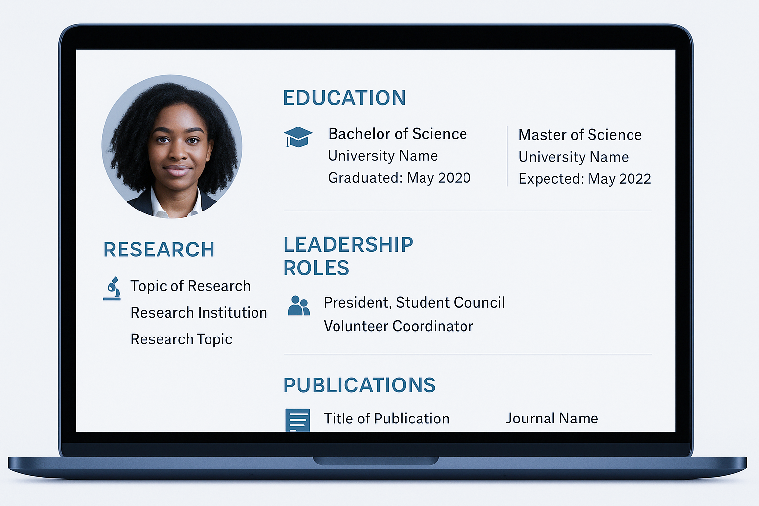 Digital academic portfolio displayed on a laptop screen showing a student’s education, research, leadership roles, and publications in a professional layout.