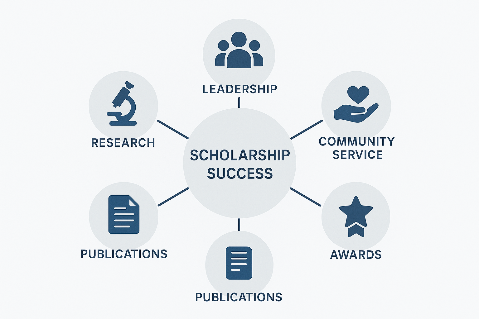 Infographic showing key elements of an academic portfolio leading to scholarship success, including research, leadership, community service, publications, and awards.