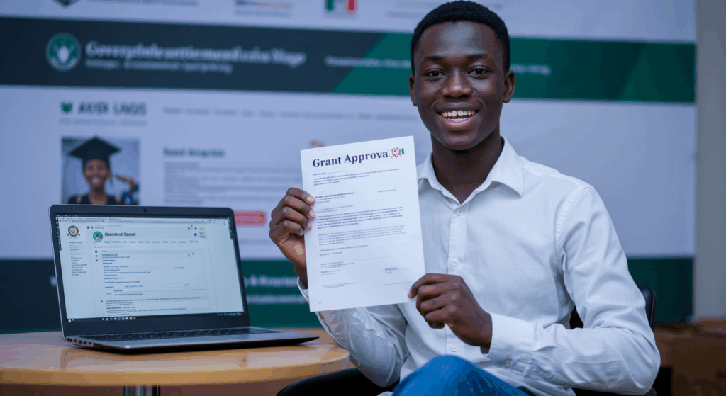 A happy Nigerian student holding a “Grants Approval” document with a laptop displaying a government or NGO grant website in the background.