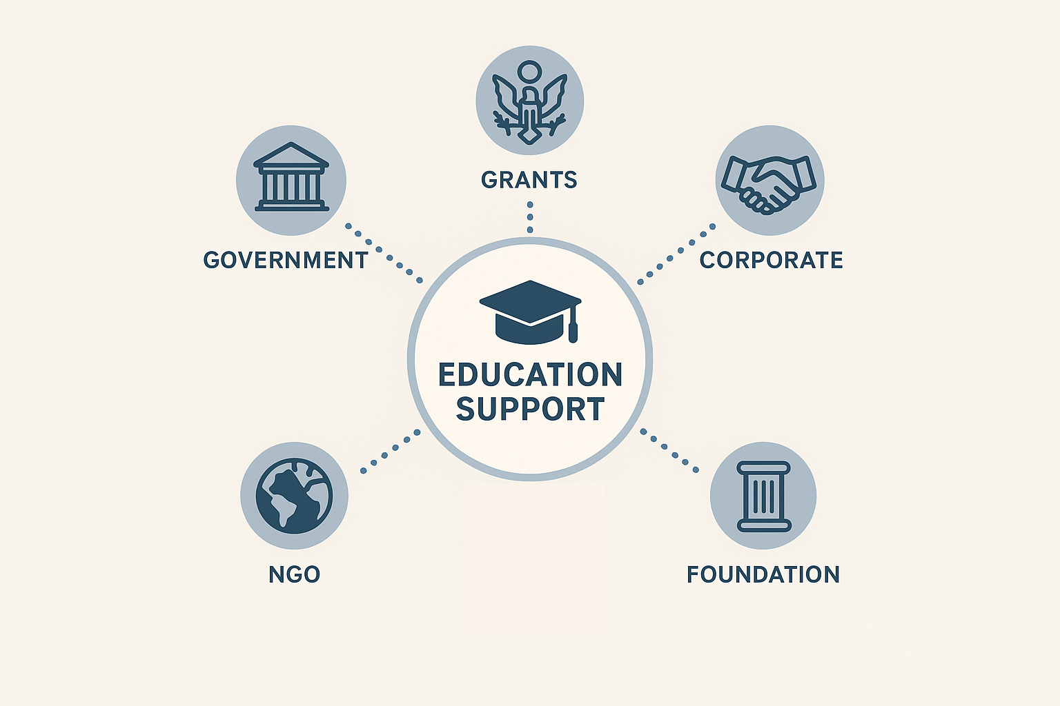 A visual of logos or icons representing both government and private grant programs connected through dotted lines to a central “Education Support” symbol.