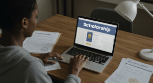 A student filling out an online scholarship form on a laptop while reviewing academic certificates on the desk — How to Apply for International Scholarships step-by-step.