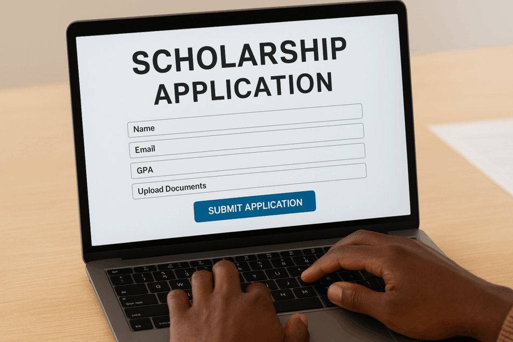 Close-up of hands typing on a laptop showing a scholarship application form with fields for name, email, GPA, and document upload — learn How to Apply for International Scholarships online.