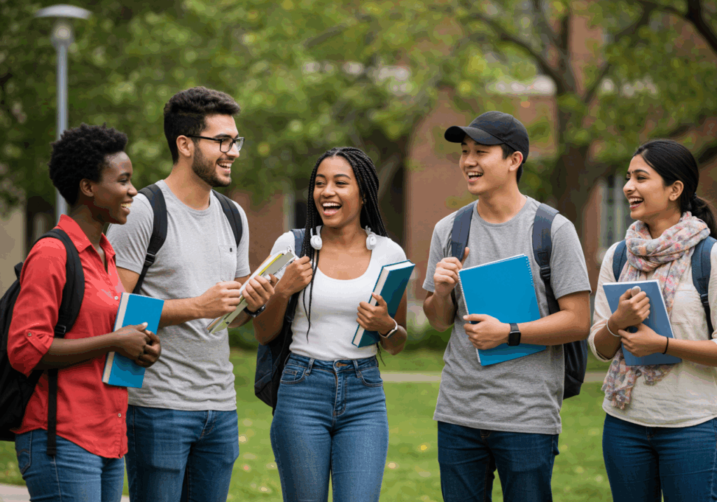 Group of diverse international students standing outdoors on campus, holding notebooks and smiling together after receiving scholarship approval — guide on How to Apply for International Scholarships for global students.