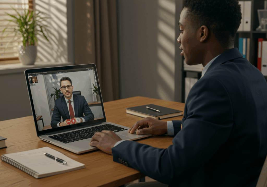 Student attending an online video interview with a university representative as part of the scholarship selection process — key step in How to Apply for International Scholarships.