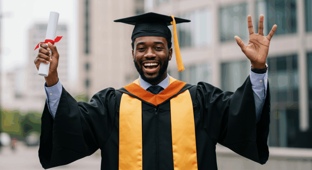 Happy graduate holding diploma and celebrating success, symbolizing building a career after graduation.