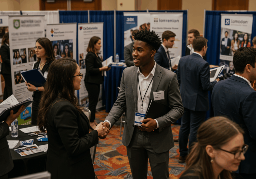 Graduates networking with recruiters at a job fair, an important step in building a career after graduation.
