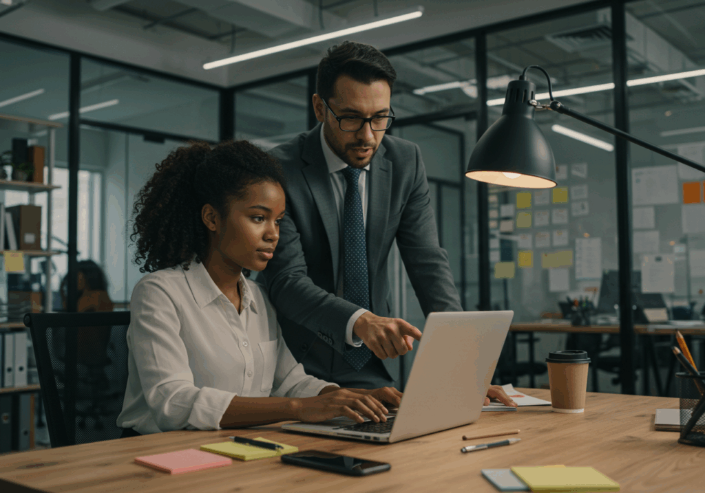 Young professional receiving mentorship in office, gaining skills for building a career after graduation.