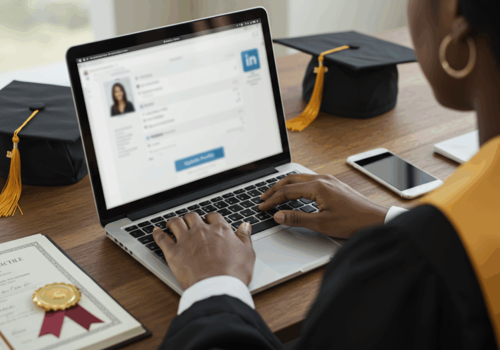 A recent graduate updating her LinkedIn profile on a laptop, showcasing the importance of online presence in building a career after graduation.