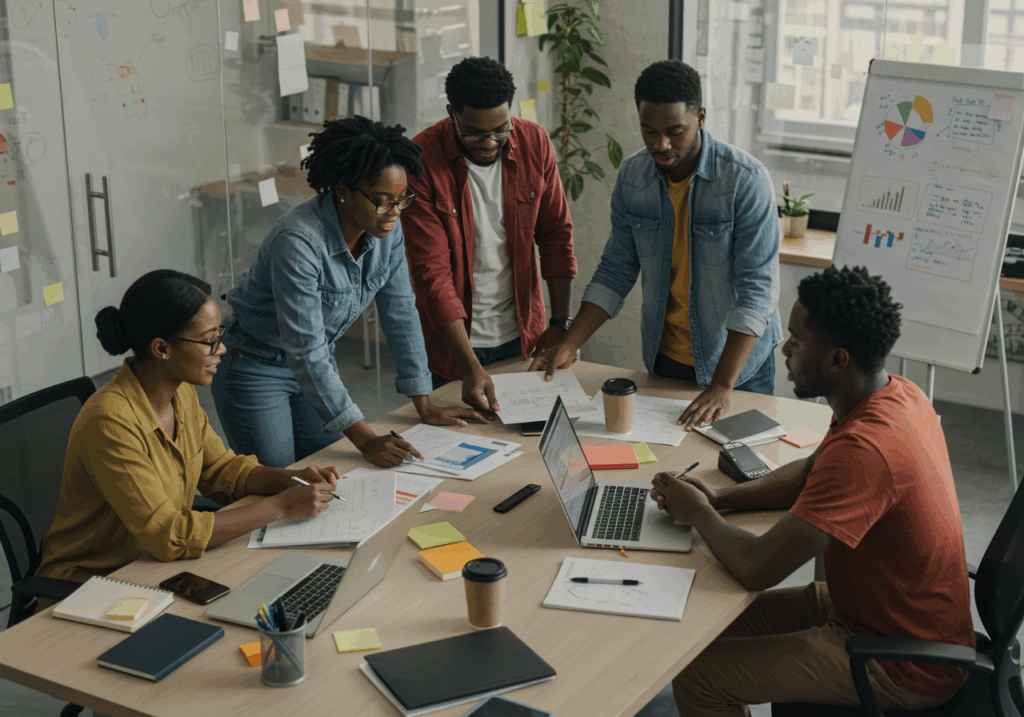 Group of young professionals collaborating on a project, teamwork as part of building a career after graduation.
