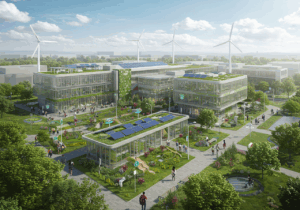 Modern sustainable university campus powered by solar panels and wind turbines, showcasing green EdTech innovation and eco-friendly learning environments.