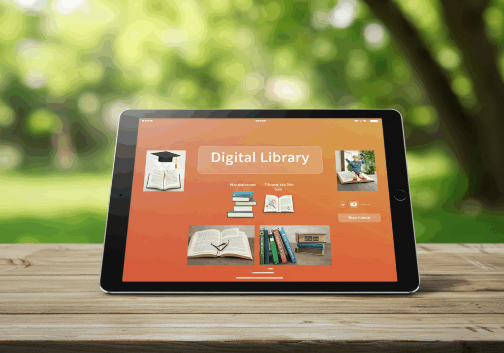 Digital library interface on tablet representing green EdTech solutions promoting paperless learning and sustainable education technology.