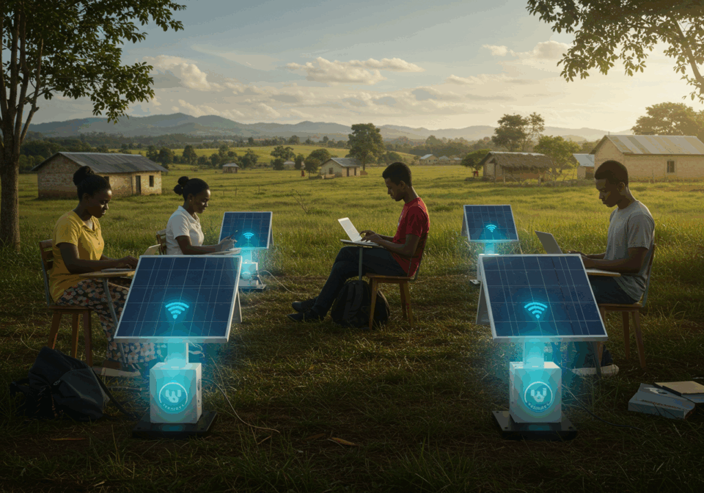 Students studying with laptops powered by solar panels in a rural setting, representing green EdTech solutions that use renewable energy for accessible and sustainable digital learning.