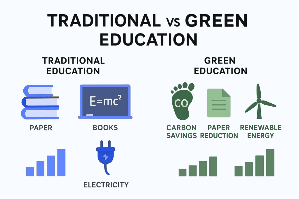 Comparison infographic showing traditional education versus green EdTech, highlighting paper and electricity use reduction, carbon savings, renewable energy, and sustainable digital learning solutions.