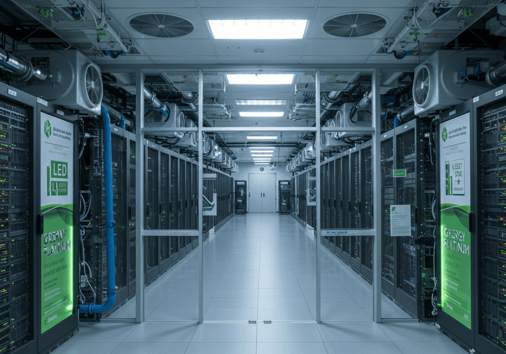Eco-friendly data center powered by renewable energy, illustrating how green EdTech leverages green servers and cloud computing for sustainable education technology.