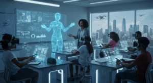 Students learning with AI tutors in a futuristic classroom using virtual reality headsets and holographic displays for interactive education