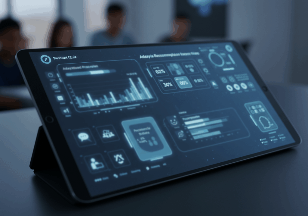 Digital tablet showing student quiz analytics powered by AI tutors for personalized learning insights in a smart classroom.