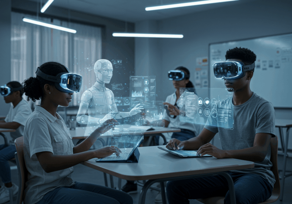 Students using VR headsets and digital tablets to learn interactively with AI tutors in a futuristic smart classroom.
