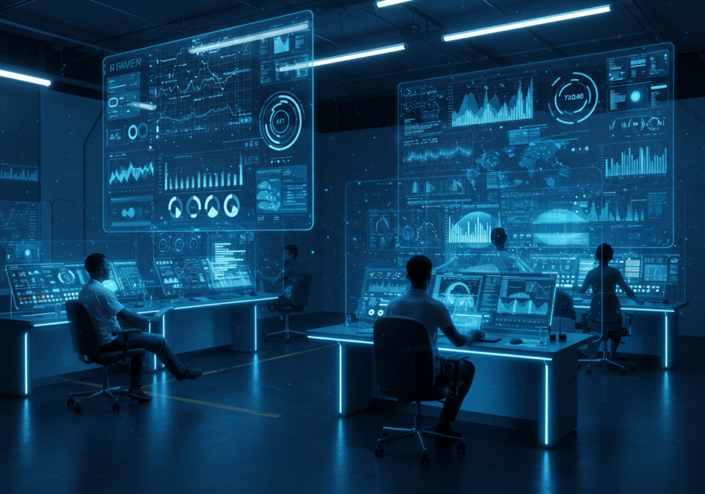 Team of professionals using advanced AI tutors and digital dashboards in a futuristic control room with holographic data visualizations and analytics screens