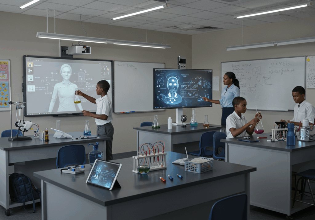 Students in a modern science classroom using AI tutors and digital smartboards for chemistry experiments and interactive learning