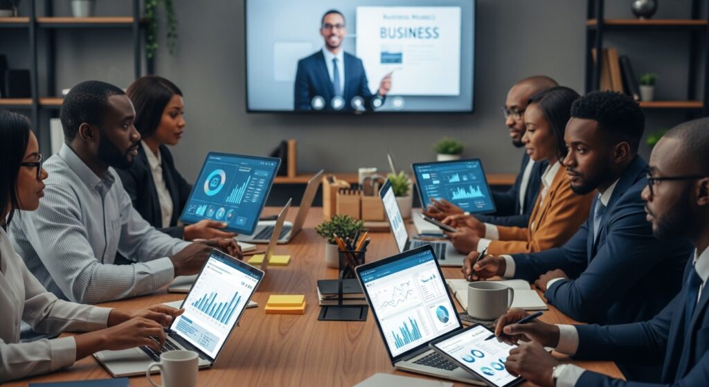 Nigerian professionals attending an online MBA class on laptops and tablets, with charts and financial data on the screen, representing affordable quality education.