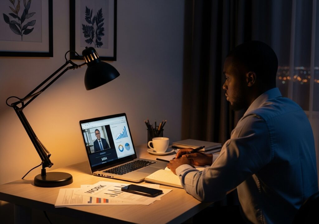 Working professional studying in the evening at home, laptop open to an online MBA lecture while balancing work documents beside.