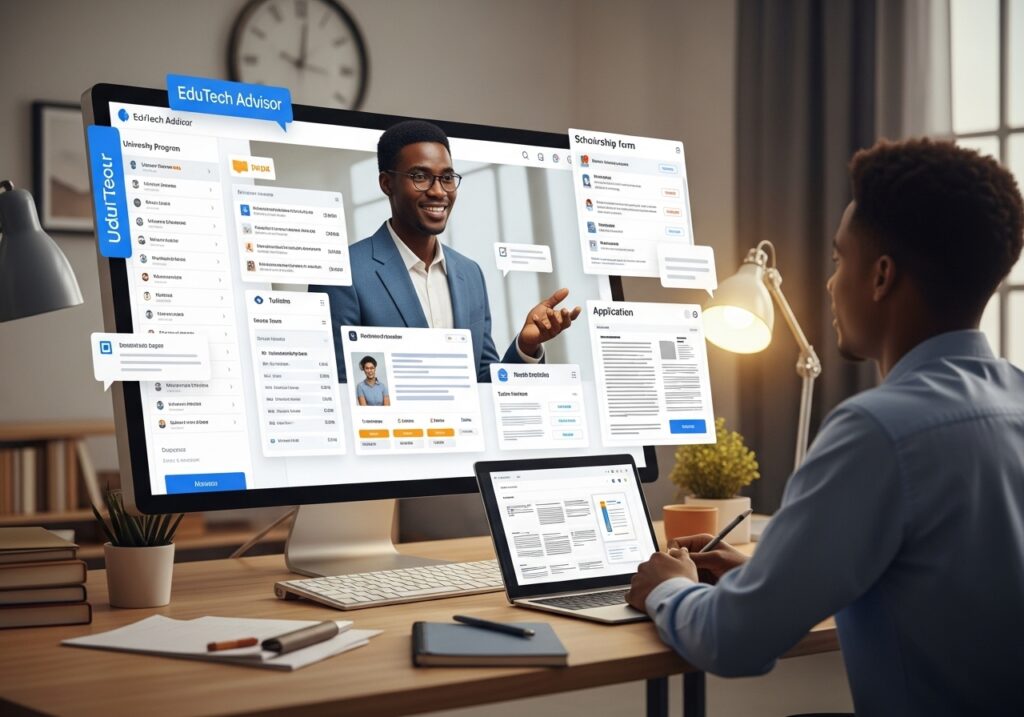 EduTech advisor assisting a student virtually with MBA program selection, documents and scholarship forms visible on the screen.