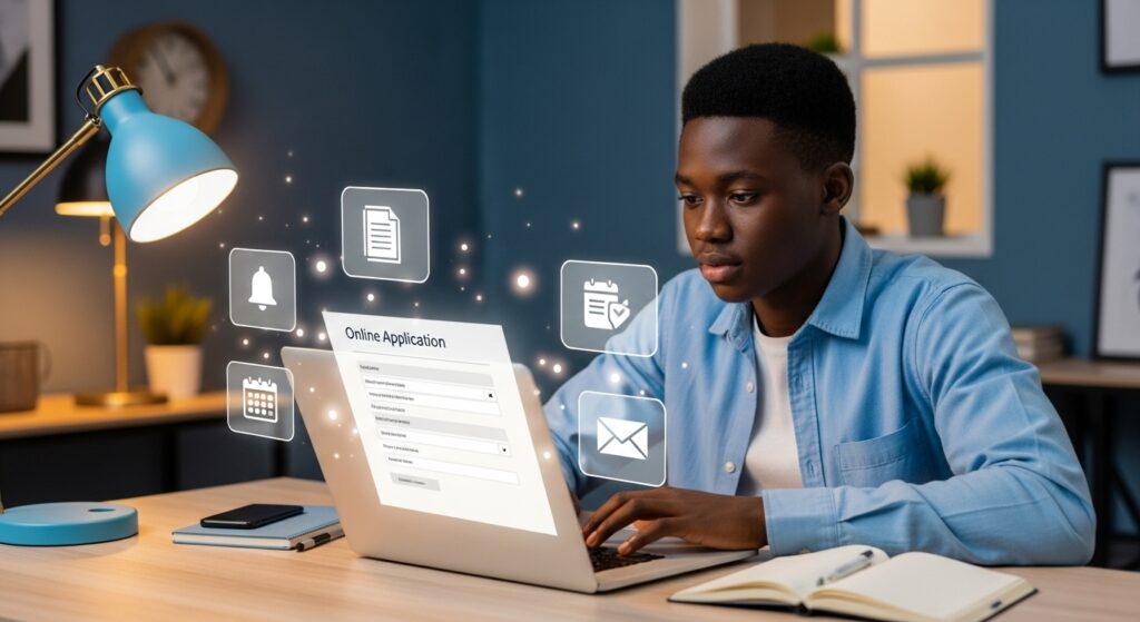 Student sitting at a desk filling out an online degrees application on a laptop, looking uncertain, with notification reminders and document icons floating around.