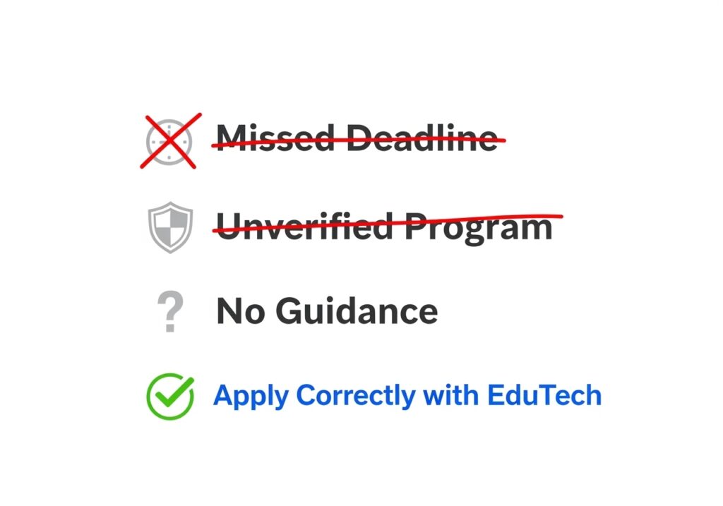 Checklist concept graphic showing common mistakes while applying for online degrees crossed out — “Missed Deadline,” “Unverified Program,” “No Guidance,” replaced by “Apply Correctly with EduTech.