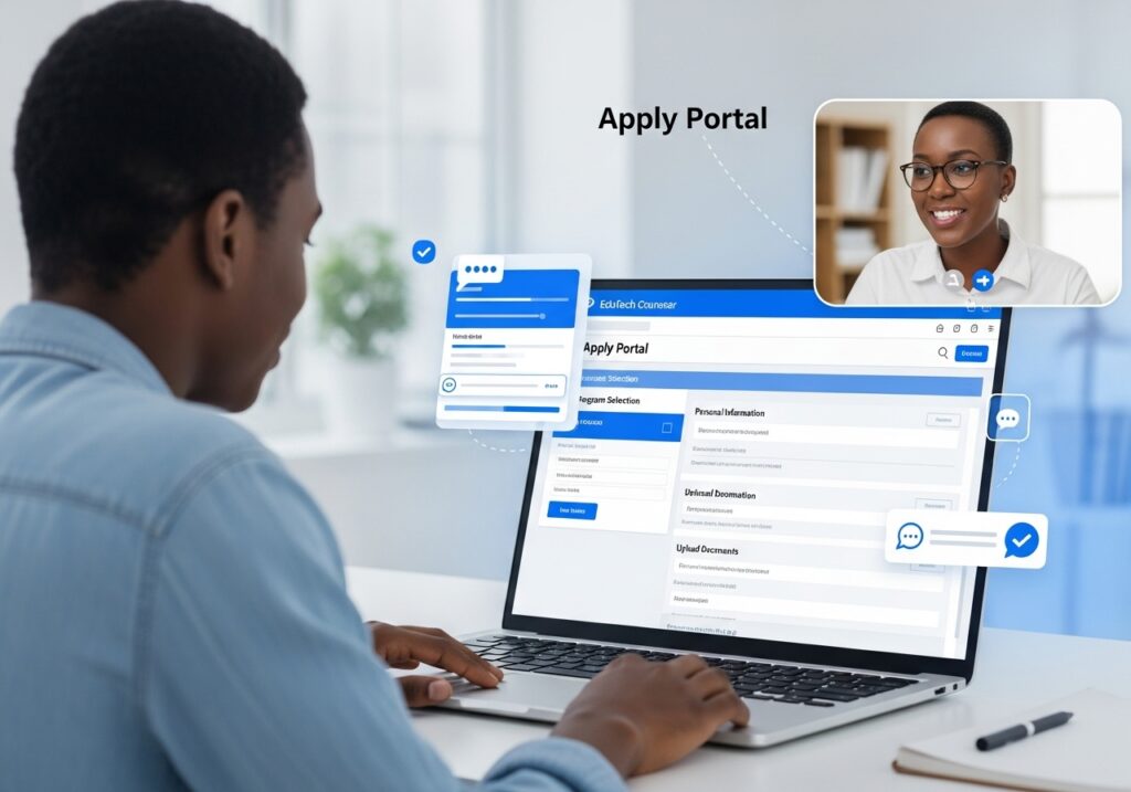 EduTech counselor on a video call guiding a student through the Apply Portal for online degree, application form visible on the screen.